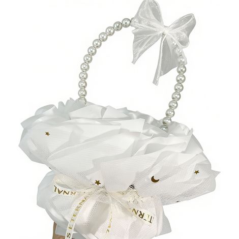 Cesta Para Flores - Hecha A Mano Con Detalles De Perlas - Estilo Loft Glam - Ideal Para Regalos De Boda Cumpleaños O Día De La Madre - 1 Unidad Blanca (1/5)