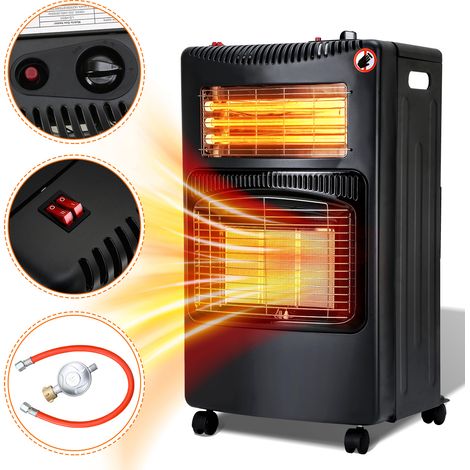 Wolketon Gasheizung Gasheizer Gasheizofen Heizstrahler 4.2 KW Gas Kamin inkl. Regler + Schlauch + DE zu EU Adapter 3 und 4 Gasheizstrahler Butan- oder Propangasflaschen bis 15kg Schwarz (1/5)