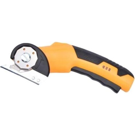 Ciseaux électriques pour tissus dotés d'un moteur puissant qui coupent facilement le tissu, le cuir, le carton et matériaux. Câble de chargement USB et lames de rechange (jaunes) inclus. (1/5)