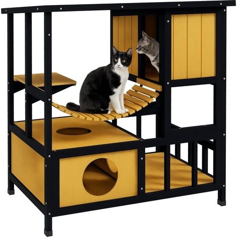 Maison pour chats résistante aux intempéries avec rampe et plateforme, dimensions 84,5 × 60 × 88 cm, couleur vert et naturel