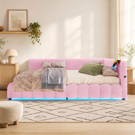 Polsterbett 140x200 im Daybed-Stil mit Lattenrost, LED, USB und USB-C, rosa HAVRYA (1/5)