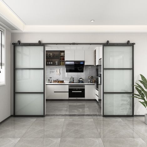 Schulte – Double porte coulissante en verre 205 x 220 cm – Décor Loftstyle noir – Chariot à roulement à billes – Installation réversible
