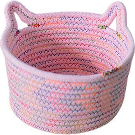 1 Panier de rangement en coton tressé, anse chat décorative, organisateur bureau maison, rose (1/5)