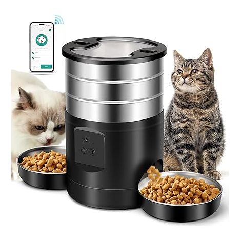 5L Distributeur Croquettes Chat Automatique 2 Bols, 2.4G WiFi Acier Inoxydable Anti-colmatage 24h Réservation 10 Repas par Jour Alimentation Personnalisé Distributeur Automatique pour Chiens et Chats