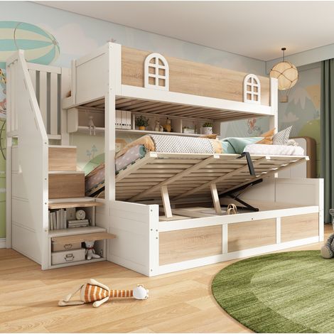 Letto a castello 256x148x155 cm, con contenitore idraulico e scala contenitore, legno bianco e naturale (1/5)