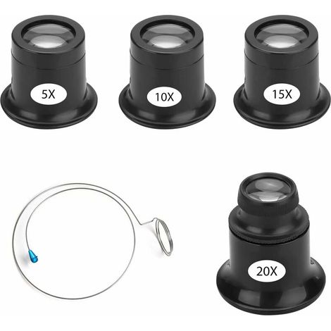 Lot de 4 Loupes de Bijoutier Loupe D'horloger 5X 10X 15X 20X Oeil Portant des Loupes Bijoutier avec Porte-Fil Montre Horloge Réparation Loupe Kits pour Bijoux Diamants Loupe de Montres-Noir (1/4)