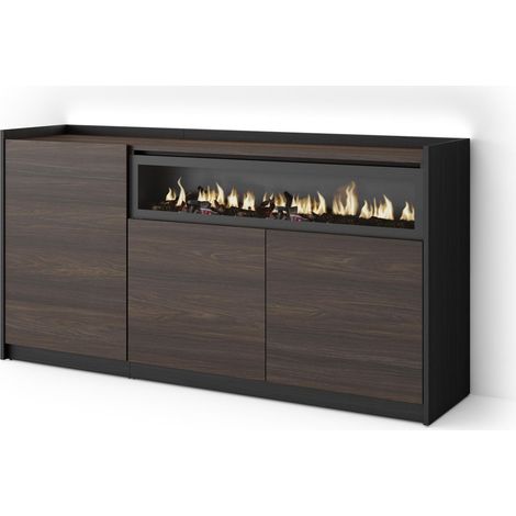 Skraut Home - Aparador para salón, Gran capacidad de almacenaje, 156x37x80cm, 3 Puertas, Chimenea eléctrica, LED, Estilo Moderno, Roble oscuro y Negro (1/5)