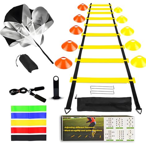 Football Entrainement Kit,Accessoires d'entraînement de Football Échelle de Rythme 6 Mètres,10 Cônes de Disque,Parachute de Course à Résistance,1 Corde Sauter,5 Bande Élastique Fitness (1/5)