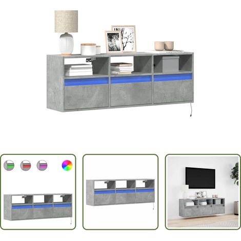 Armoire TV murale - Meuble TV mural avec lumières LED gris béton 130x31x45 cm (1/5)