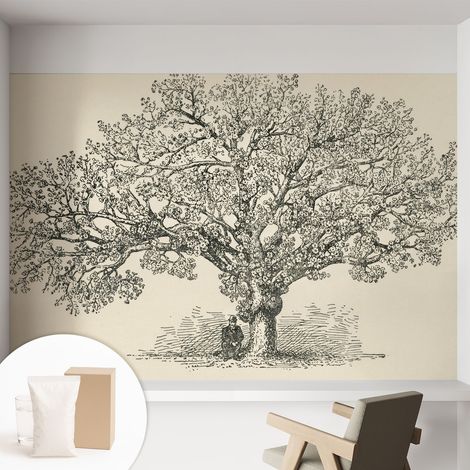 Papier peint intissé pour salon chambre à coucher peint imprimé Installation facile - Colle incluse gratuite Illustration d'arbre 152x104 cm (1/5)