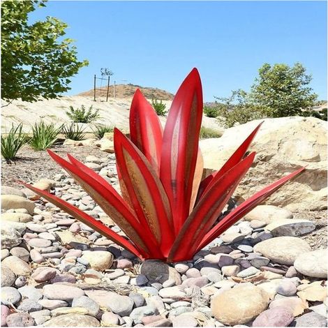 1 rustikale Gartenfigur aus Metall mit dekorativen Agavenblättern, 35 cm, rot, für den Außenbereich und die Terrasse (1/5)