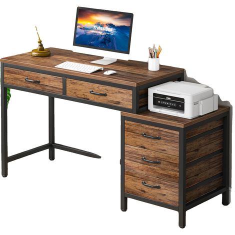 Scrivania per computer, 5 cassetti, design compatto, marrone (1/2)