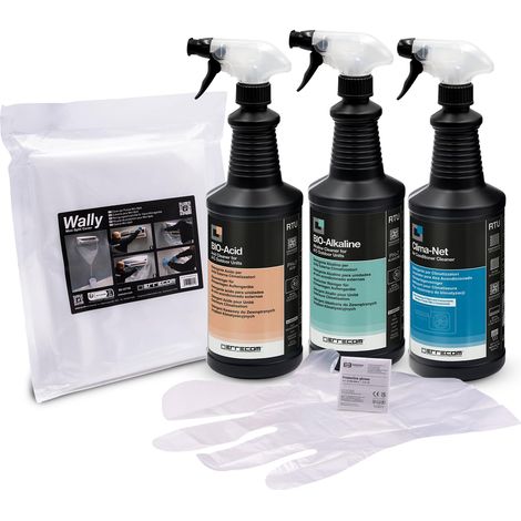 Errecom Kit pulizia completa climatizzatori, include Clima-Net 1L e cover Wally per pulizia unità interna e filtri, Bio Acid e Bio Alkaline 2L detergenti biodegradabili pulizia unità esterna, guanti (1/5)