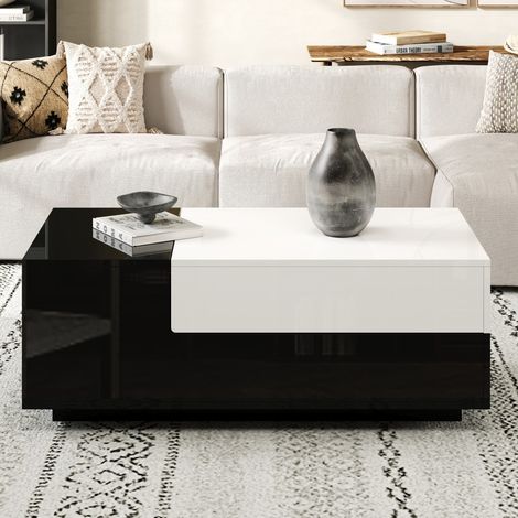 Table basse brillante 100x50 cm-Plateau coulissant-1 tiroir-Motif couture noir et blanc-Rangement géométrique (1/5)