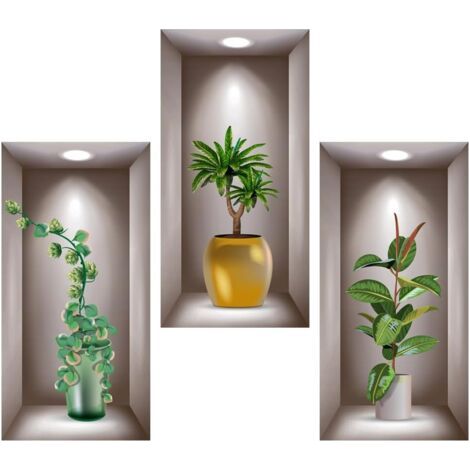 Pair - pièces vases de salon 3D plantes vertes stickers muraux 40x20cm (1/5)