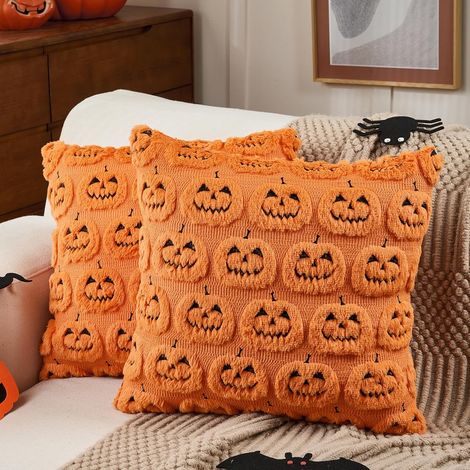 Housses de Coussin Halloween Orange en Velours Doux, Motif Citrouille 3D, Décoration Canapé Salon Lot de 2 45x45 cm (1/5)