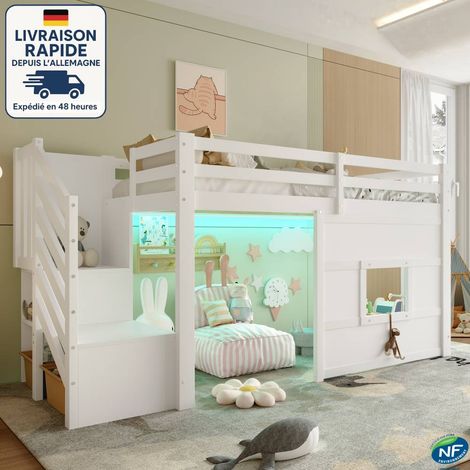 MODFU - Cama alta infantil de 90x200 cm con iluminación LED, estructura de madera, espacio de almacenaje bajo la cama, sistema anticaídas, colchón no incluido, blanca