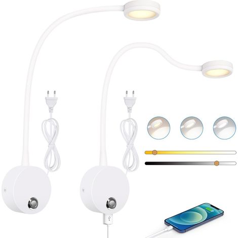 2er-Set Wandleselampen, Nachttischlampen mit dimmbarem Touch-Schalter (3000–6000 K), USB-Ladeanschluss, 4 W, 360° schwenkbar, inklusive Stecker und Kabel, weiß