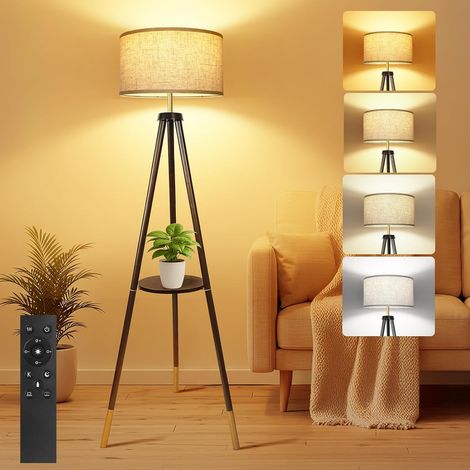 Lampadaire Trépied, Moderne Dimmable Lampadaires avec Télécommande, 4 Températures de Couleur, 1H Minuterie, Lampe sur Pied en Bois avec Abat-jour en Lin pour Salon, Chambre, Bureau(Noir Doré)