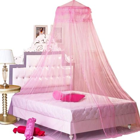 Moustiquaire à baldaquin rose princesse 2024, forme ronde en dentelle, pour lits jumeaux, doubles et queen size, et berceau (1/5)