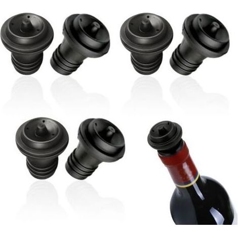 Lot de 6 bouchons réutilisables silicone pour bouteilles vin et champagne, conservation fraîcheur, noir. (1/5)
