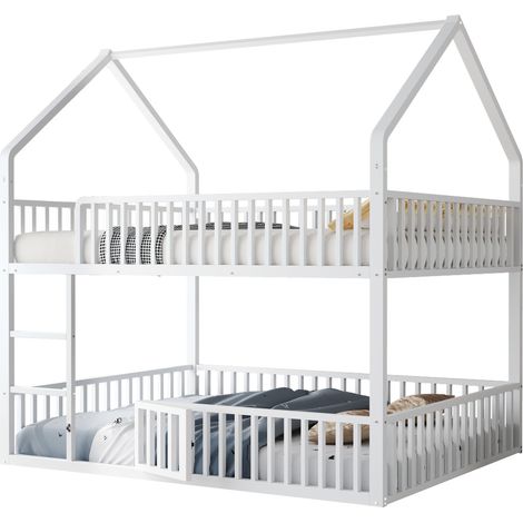 Lit superposé métallique blanc 140x200 cm, escalier intégré – Porte coulissante ou battante (petite porte) → Porte au niveau inférieur, idéal pour chambre partagée (1/5)
