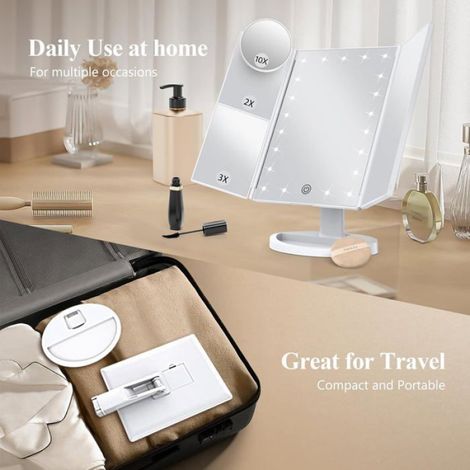 Miroir de maquillage miroir de courtoisie avec lumières,miroir de maquillage trois volets,miroir de maquillage LED portable,blanc (1/5)