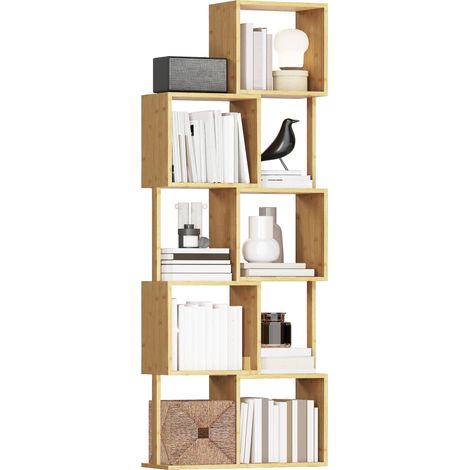 Bibliothèque asymétrique moderne à 5 niveaux en bambou, 62,5 x 23 x 165 cm, couleur bois naturel pour rangement de livres, documents et objets décoratifs (1/5)