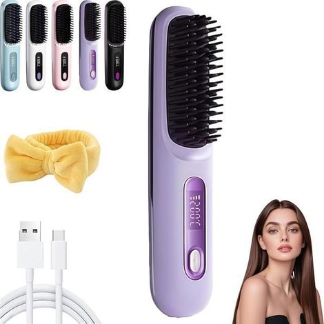 Ecleanfy - 2026 Brosse Chauffante Pour Cheveux Courts,2 En 1 Peigne Sans Fil Rechargeable,3 Réglages De Température, Chauffage Rapide (Violet)