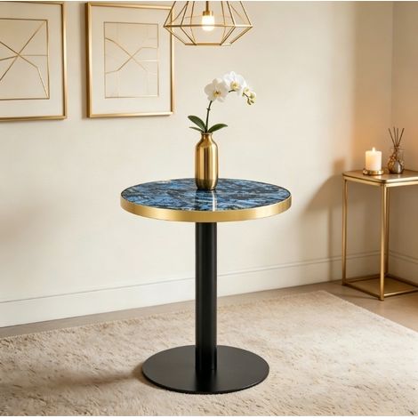 Table d'appoint ronde avec plateau effet marbre MDF et bord doré, piètement métal noir et or, diamètre 60 cm (1/5)