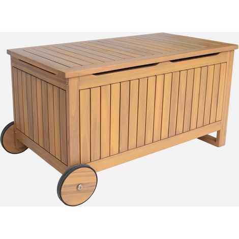Cassapanca da giardino in legno di acacia con ruote, 119L