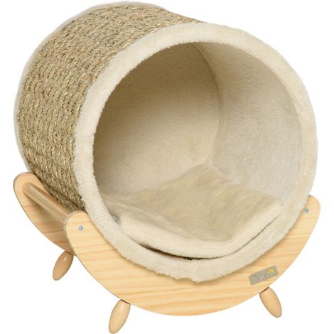 JSSEVN - Casita para gatos con rascador integrado y cojín incluido, diseño elevado, color natural + beige. (1/5)