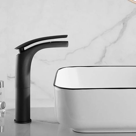 Schwarze Wasserfall-Waschtischarmatur, Wasserfall-Einhebelmischer mit verstellbarem Warm- und Kaltwasser-Einhebel-Keramikventil (Schwarz - hoch) (1/4)