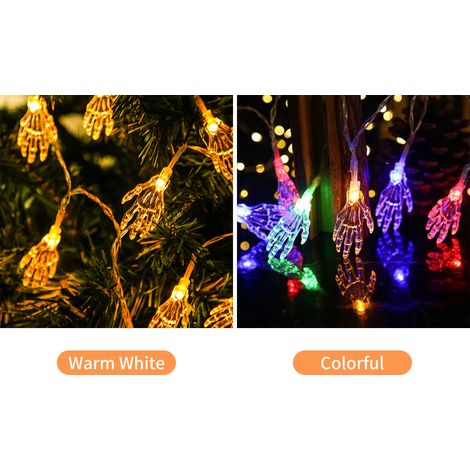 3 m lange Halloween-Lichterkette mit 20 durchsichtigen LED-Skeletthänden, dekorativ und zum Aufhängen, wasserdicht, warmweißes Licht, batteriebetrieben, sorgt für eine gruselige Atmosphäre auf Partys. (1/2)