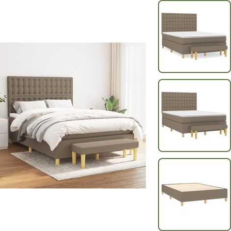 Sommier à lattes de lit avec matelas Taupe 140x200 cm Tissu - Lit Plateforme - Lit Double - Matelas À Ressorts Ensachés - Têtière Ajustable - Banc Rangement (1/5)