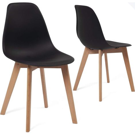 Ensemble de 2 chaises de cuisine au design scandinave, assise en plastique noir souple, légères, durables et faciles d'entretien, pieds en hêtre clair NAO (noir) (1/5)