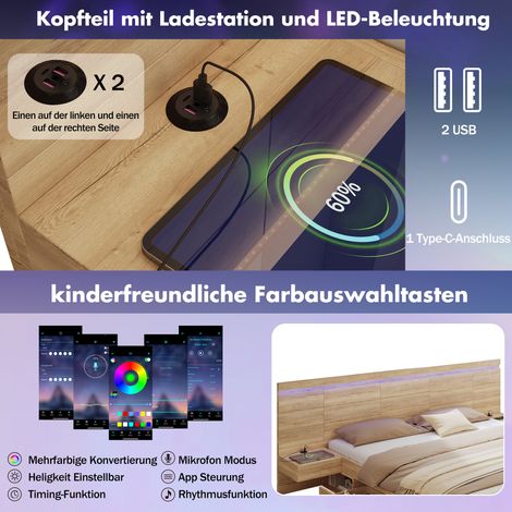 Lit double 180x200cm, coffre de rangement, bois massif, lit ado avec station de charge USB et Type-C, éclairage LED, 2 tables de chevet, tiroirs, couleur naturelle (1/5)