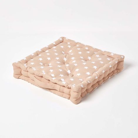 HOMESCAPES Cotton Beige Stars Floor Cushion, 40 x 40 cm