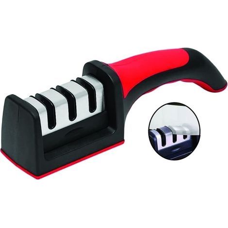 Dreistufiger Messerschärfer für Küchenmesser. Professionelle Ergebnisse, ergonomisches Design, Schleifsteine aus Keramik, Wolframkarbid und Diamant. Schwarz/verchromt. (1/4)