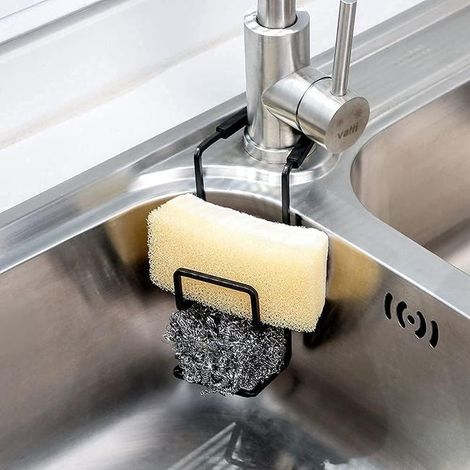 Soporte para esponja negro, soporte para grifo, plato de ducha, organizador metálico para cocina y baño, fijación para colgar alrededor del grifo. (1/5)