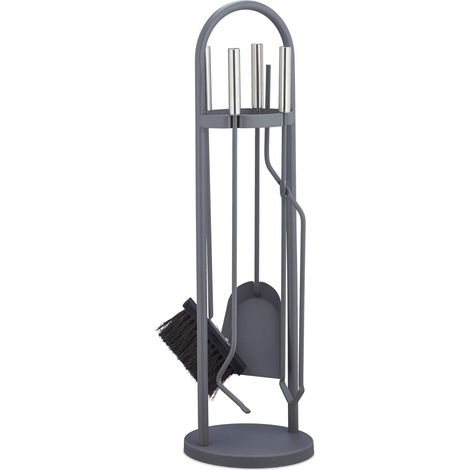 Ensemble serviteur de cheminée 5 pièces, Accessoire, Pelle, Balai, Pince, Support, Tisonnier, Gris (1/5)