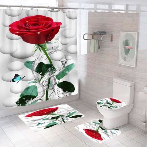 Ensemble de Luxe pour Salle de Bain - Imperméable - Rideau de Douche 3D - 4 Pièces - Roses - Blanc