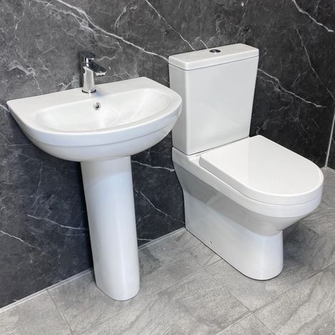 Toilet and Basin Bathroom Set Closed Back Comfort Height Round Style Carrie, Without Tap-With Pan Connector