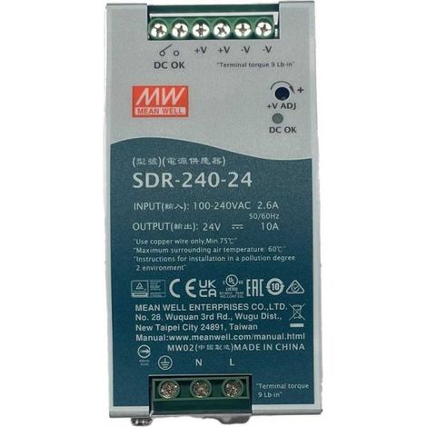 MW MEAN WELL SDR-240-24 Alimentatore DIN RAIL 240W 24V 10A Per Automazione Industriale Input 220V 110V