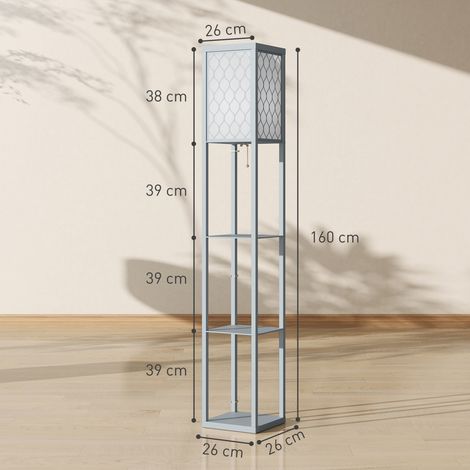 Lampadaire avec étagère, 3 compartiments, dimensions compactes, MDF, gris clair (1/5)