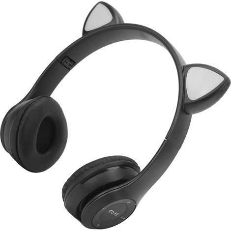 P47M Kabelloses Headset mit niedlichen Katzenohren und LED-Licht, 400mAh Akku, ideal für Gaming, Musik und Mobilgeräte (Schwarz). (1/5)