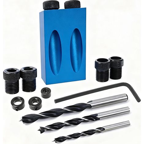 Jeu de gabarits de perçage biseautés 14 pièces, guide de perçage pour trous de poche, guide de perçage inclinable à 15° avec adaptateurs 6/8/10 mm, positionneur de biseau pour le travail du bois (1/5)