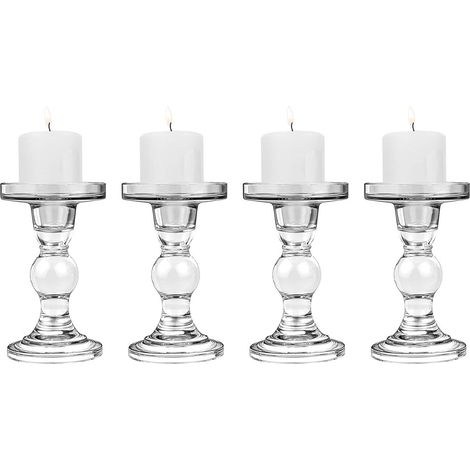 4 PCS Bougeoirs en Verre, (8 8.5 14 cm) Chandelier avec Base Ronde, Support Stable pour Bougie Conique, Décoration Table Style Moderne pour Fête Maison Mariage, Transparent (1/5)