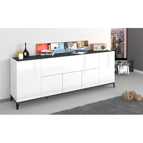 Buffet/bahut 200 cm moderne blanc laqué brillant/ardoise Shine (1/4)