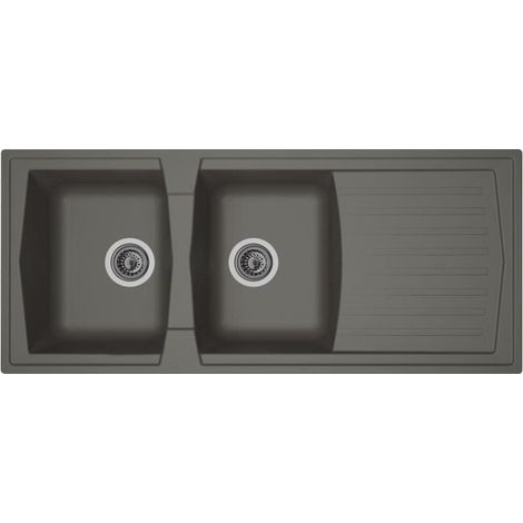 Évier cuisine à encastrer 2 bacs – 1 égouttoir réversible – Résine gris béton – Dimensions 116 x 50 cm – Vidage manuel bonde Ø90 mm – Stradour (1/3)